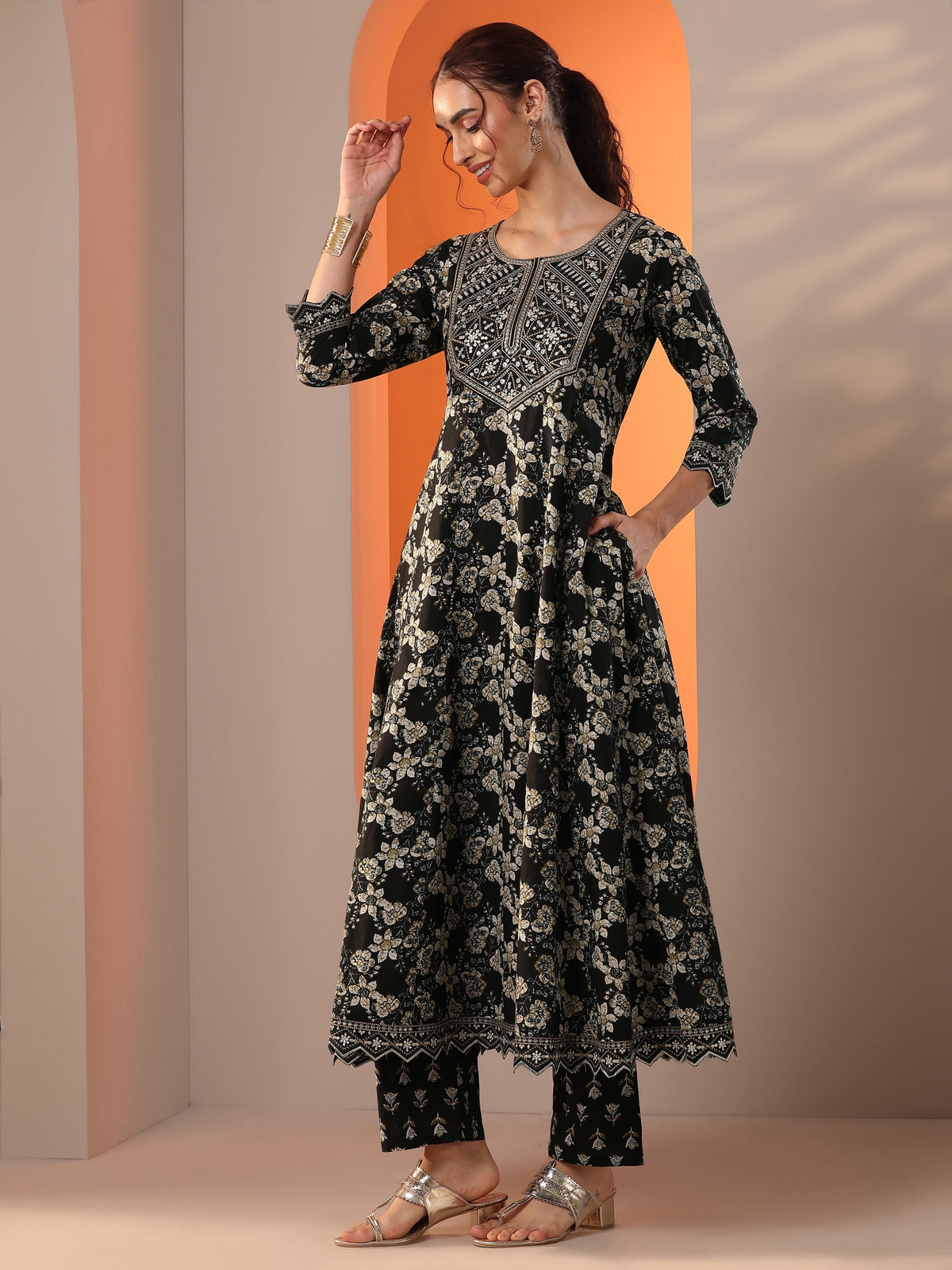 Libas Black Printed Cotton Anarkali Suit Set With Dupatta