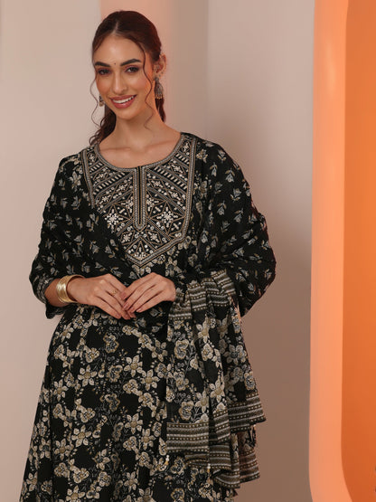 Libas Black Printed Cotton Anarkali Suit Set With Dupatta