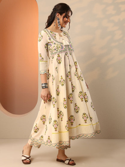 Libas Off White Printed Cotton Anarkali Suit Set With Dupatta