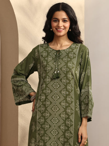 Libas Olive Printed Cotton Straight Suit Set With Dupatta