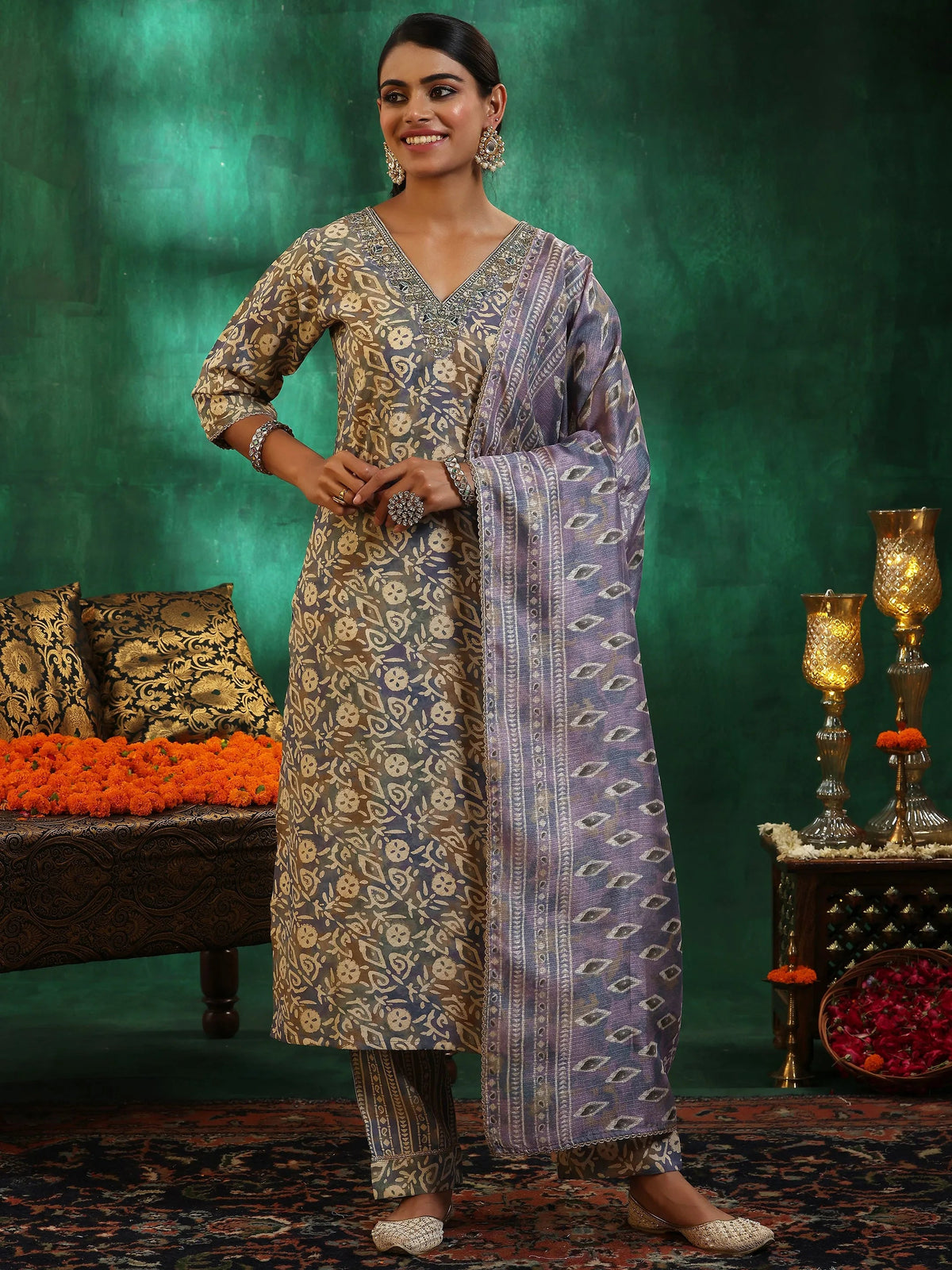 Gerua Mauve Printed Silk Blend Straight Suit With Dupatta