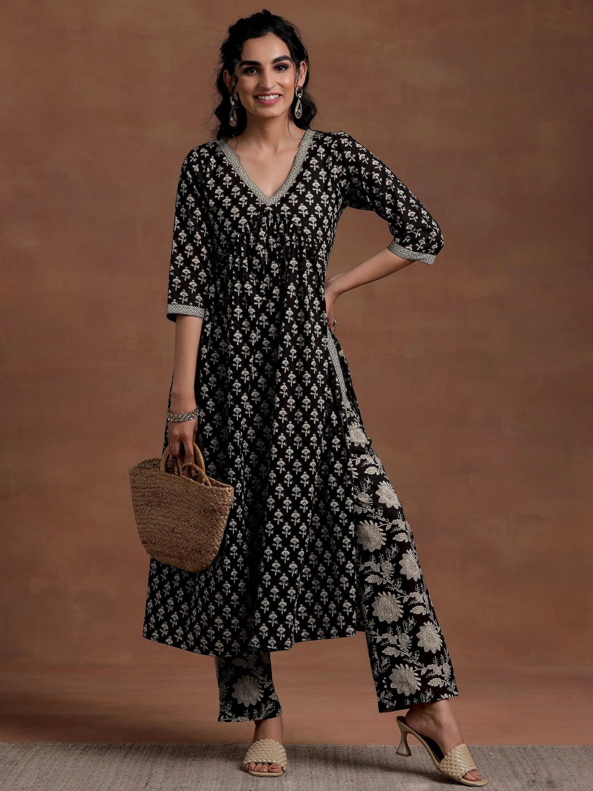 Libas Black Printed Cotton A-Line Kurta With Palazzos