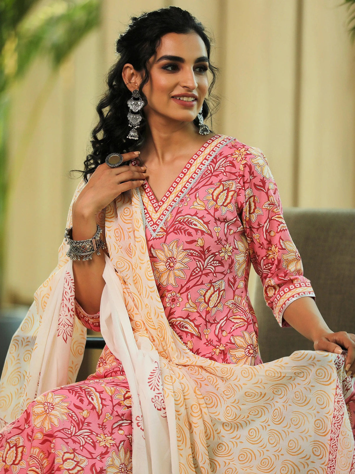 Libas Pink Printed Cotton Straight Suit With Dupatta