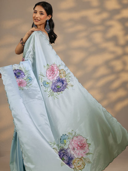 Libas Blue Printed Silk Blend Saree With Unstitched Blouse Piece