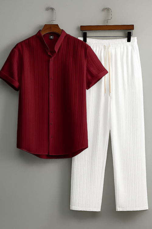 Premium Dark Red Shirt  & White Track Pant  Premium Cotton Co-Ord Set For Men
