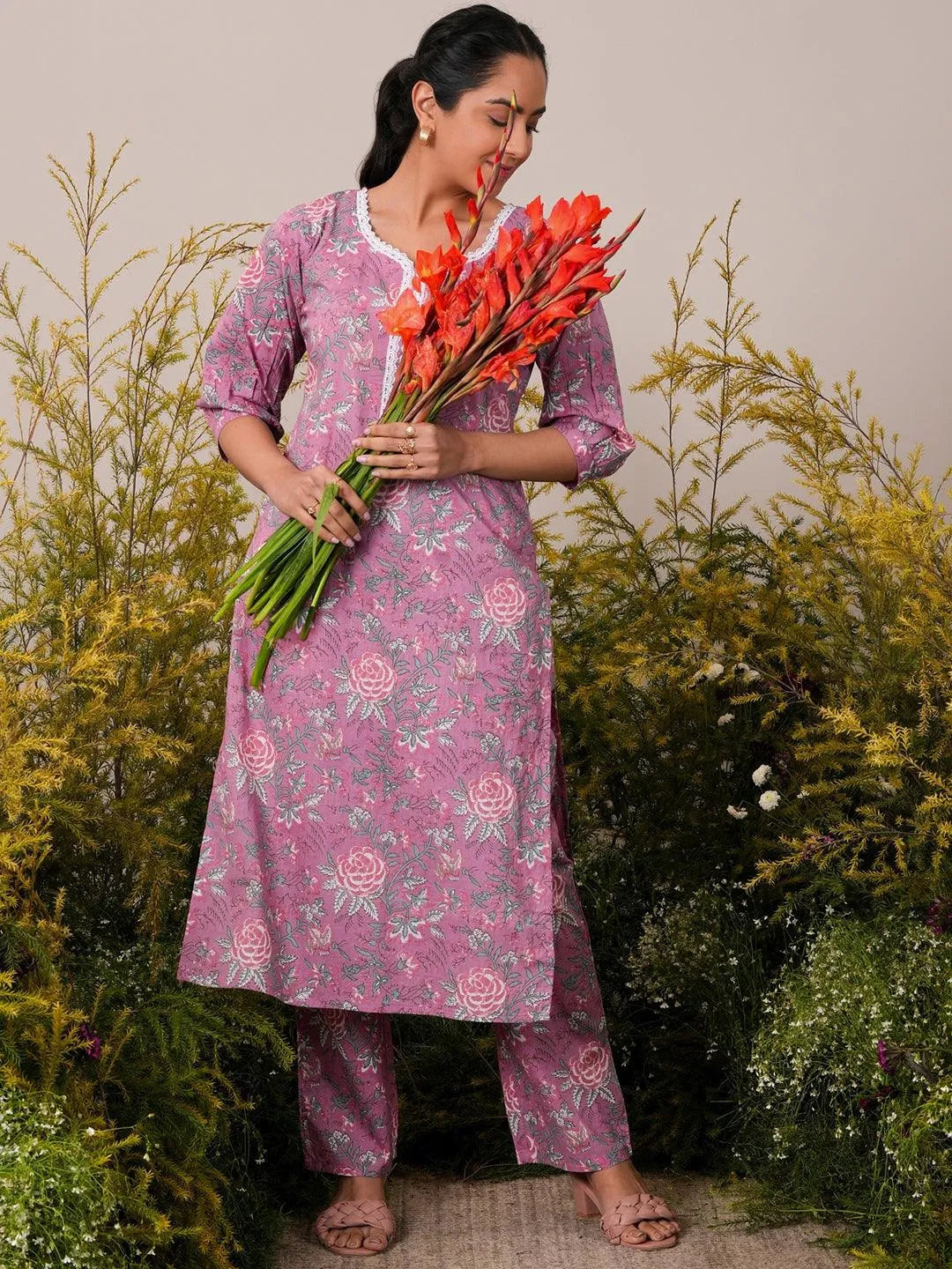 Libas Pink Printed Cotton Straight Kurta Set