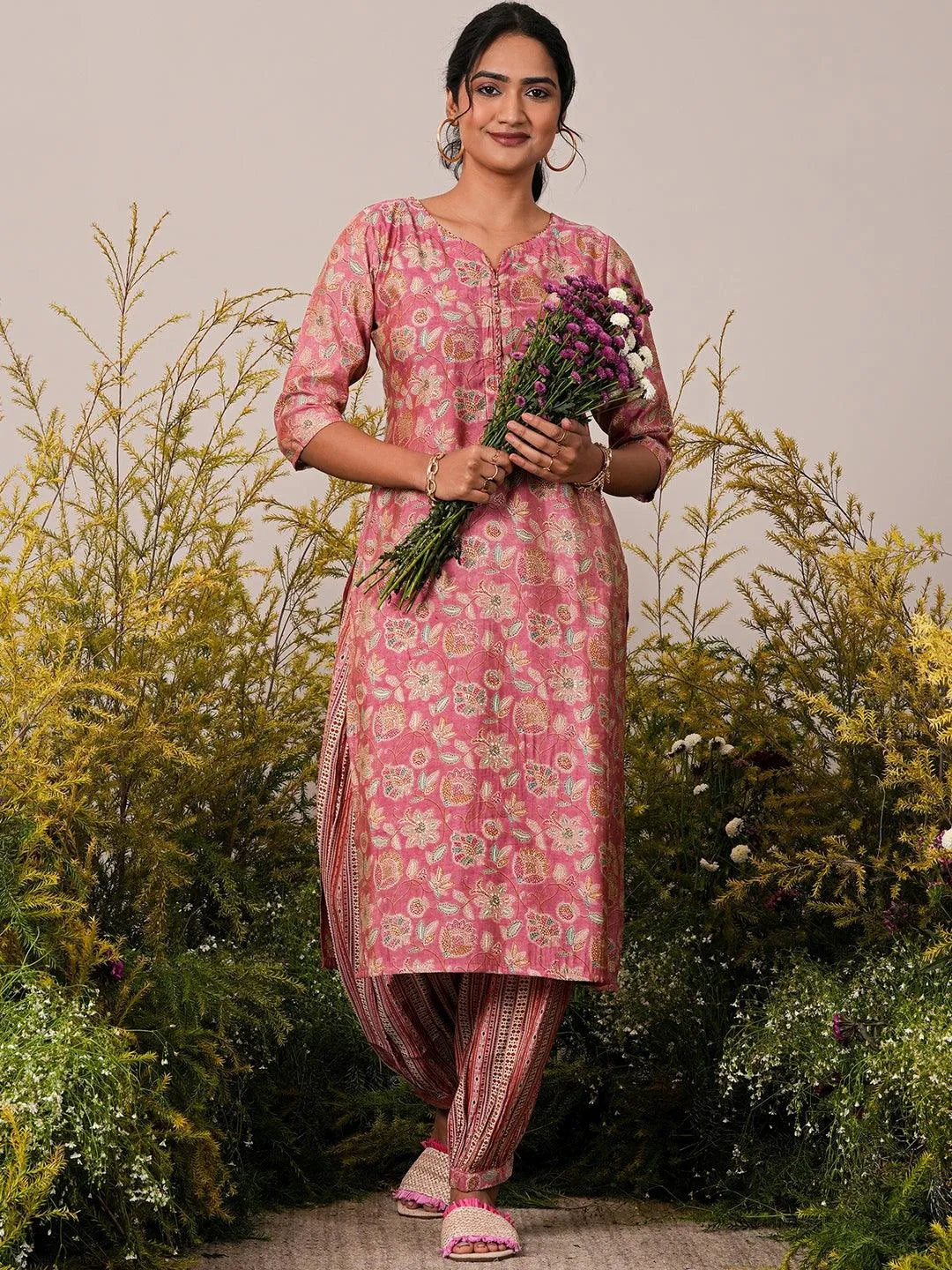 Libas Peach Printed Silk Blend Straight Kurta Set