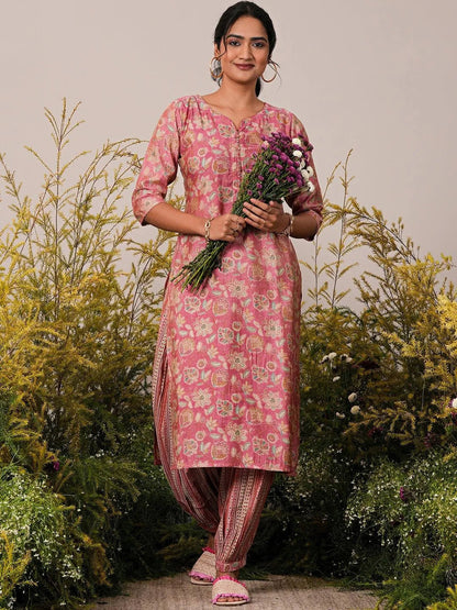 Libas Peach Printed Silk Blend Straight Kurta Set