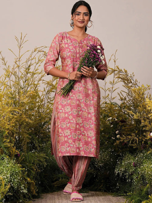 Libas Peach Printed Silk Blend Straight Kurta Set