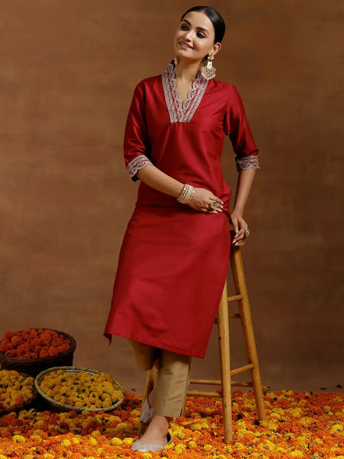 Gerua Maroon Embroidered Silk Straight Kurta