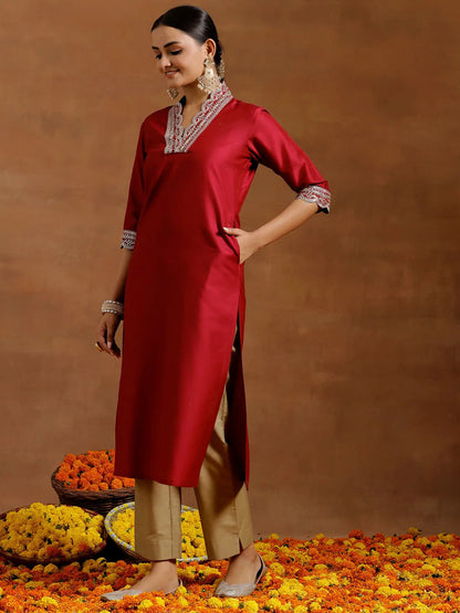 Gerua Maroon Embroidered Silk Straight Kurta