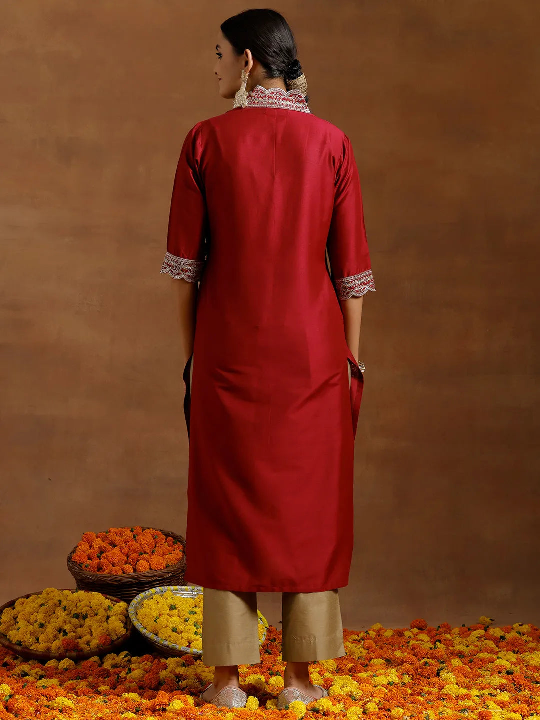 Gerua Maroon Embroidered Silk Straight Kurta