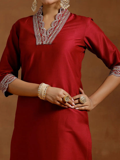 Gerua Maroon Embroidered Silk Straight Kurta