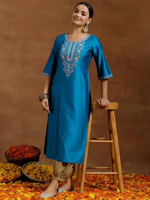 Gerua Blue Embroidered Silk Straight Kurta