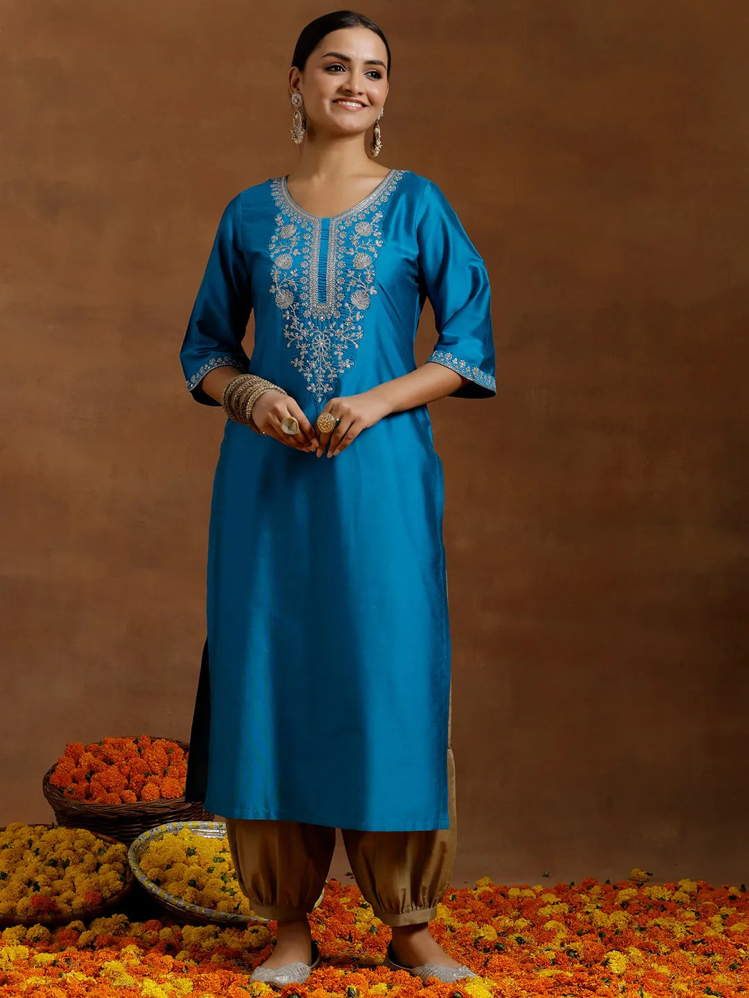 Gerua Blue Embroidered Silk Straight Kurta
