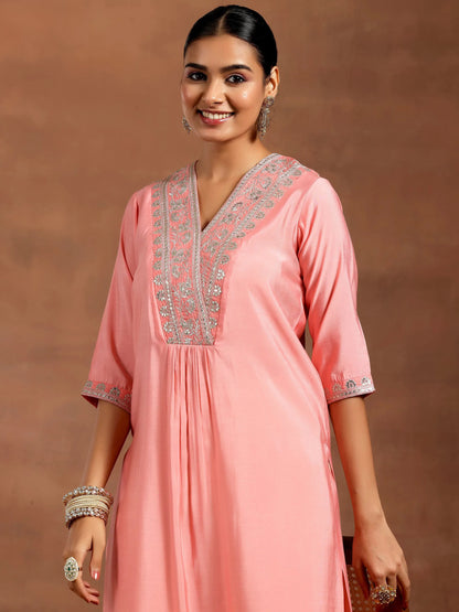 Gerua Peach Yoke Design Silk Straight Kurta
