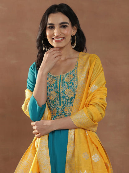 Gerua Green Yoke Design Silk Blend Straight Suit Set With Dupatta