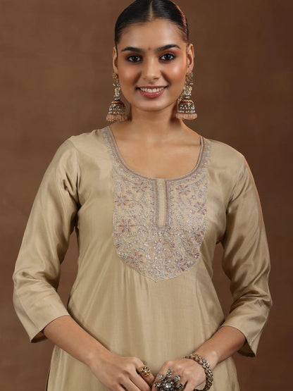 Gerua Beige Yoke Design Silk Blend Straight Suit With Dupatta