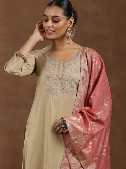 Gerua Beige Yoke Design Silk Blend Straight Suit With Dupatta