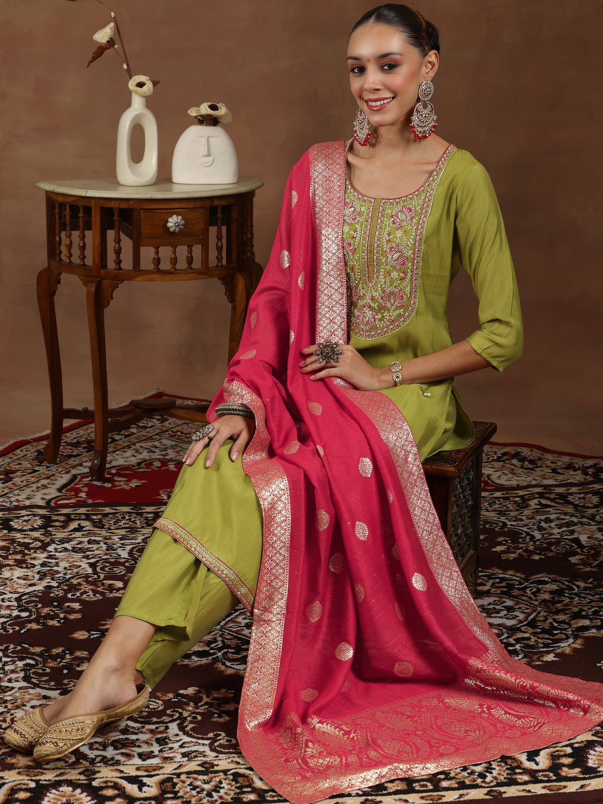 Gerua Green Yoke Design Silk Blend Straight Suit With Dupatta