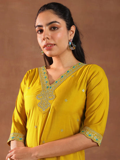 Gerua Mustard Embroidered Silk Blend Straight Suit With Dupatta