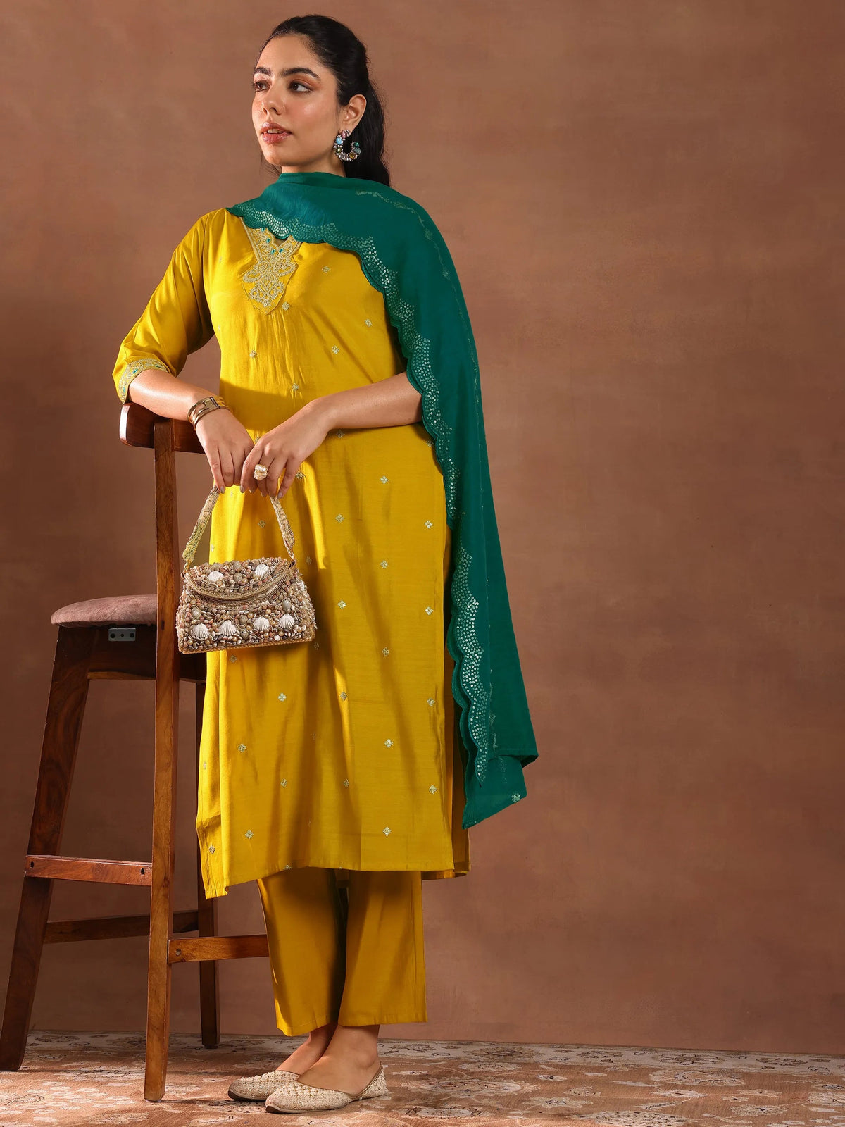 Gerua Mustard Embroidered Silk Blend Straight Suit With Dupatta