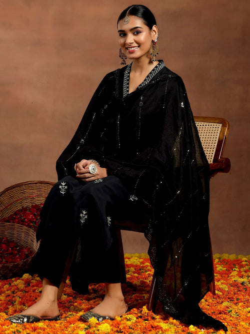 Gerua Black Embroidered Silk Blend Straight Suit With Dupatta