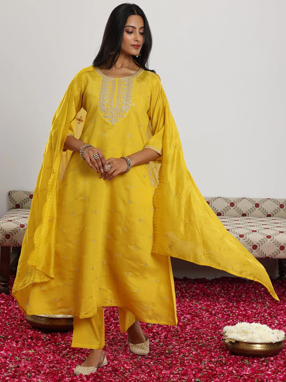Gerua Yellow Embroidered Silk Blend Straight Suit With Dupatta