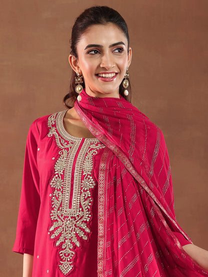 Gerua Red Embroidered Silk Blend Straight Suit With Dupatta-color issye