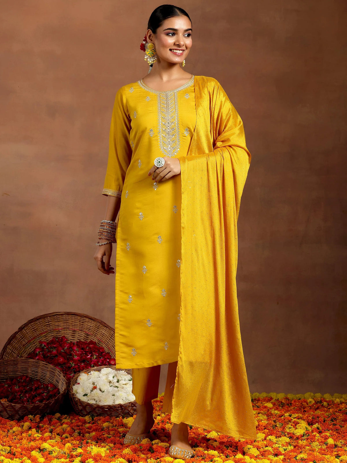 Gerua Mustard Embroidered Silk Blend Straight Suit With Dupatta