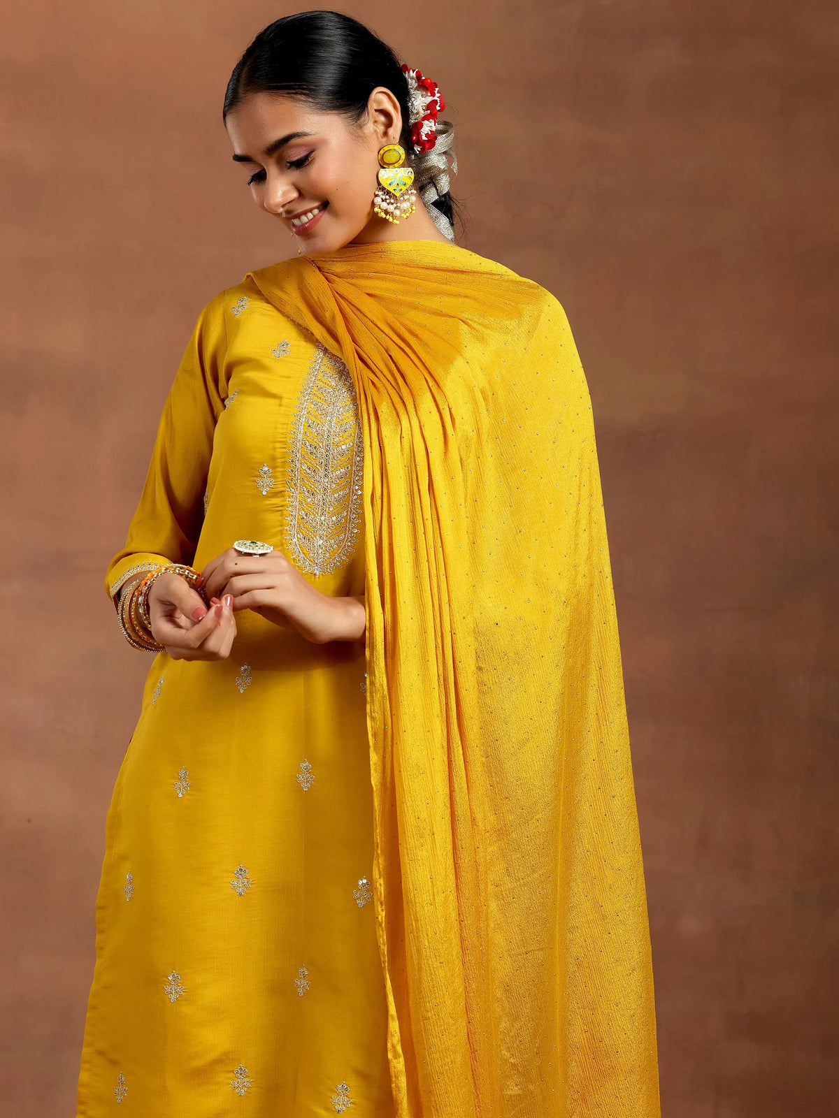 Gerua Mustard Embroidered Silk Blend Straight Suit With Dupatta