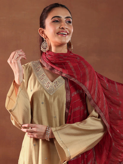 Gerua Beige Embroidered Silk Blend Straight Suit With Dupatta