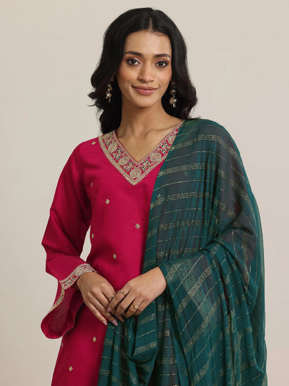 Gerua Red Embroidered Silk Blend Straight Suit Set With Dupatta