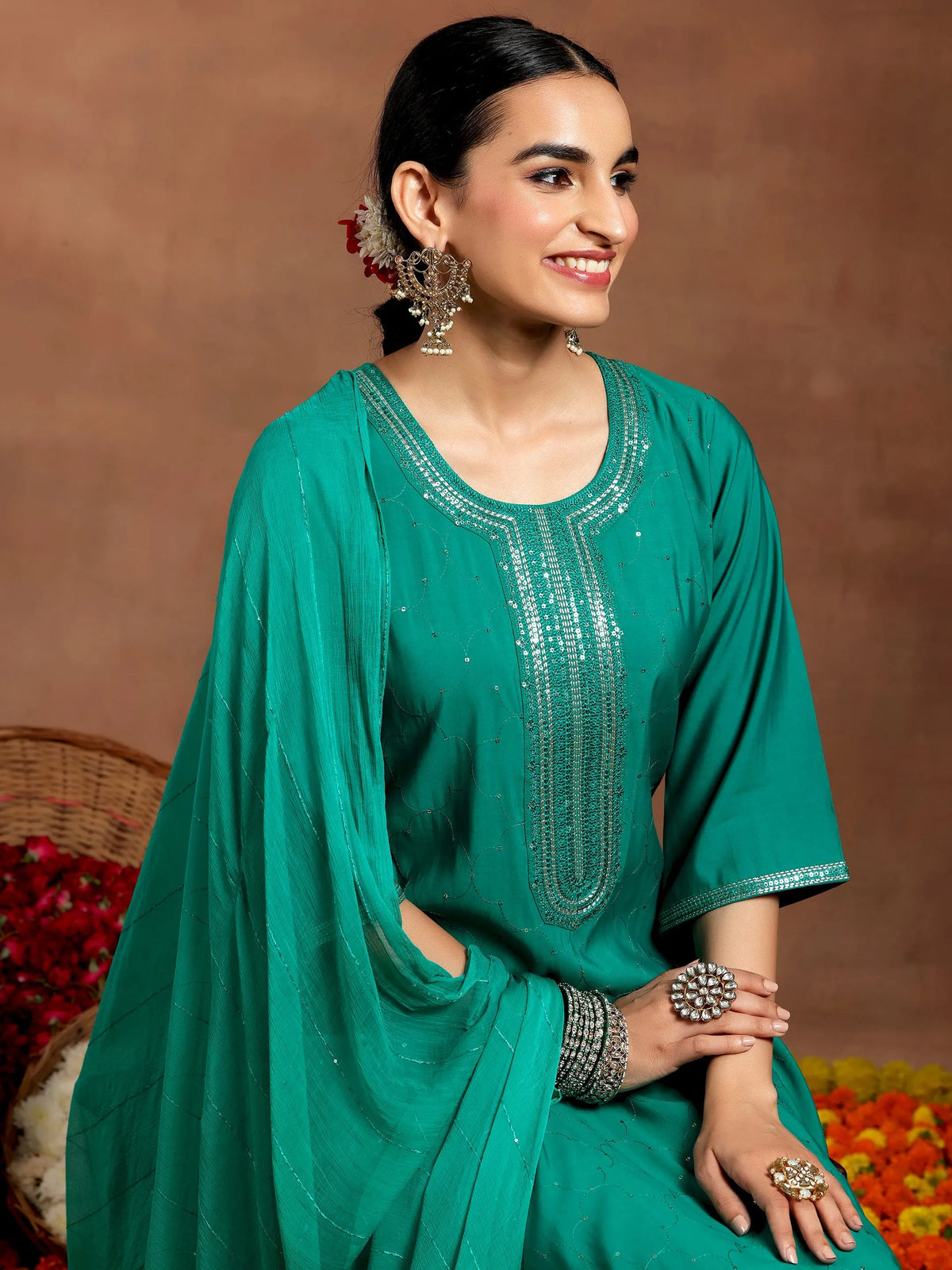 Gerua Rama Green Embellished Silk Blend Straight Suit With Dupatta