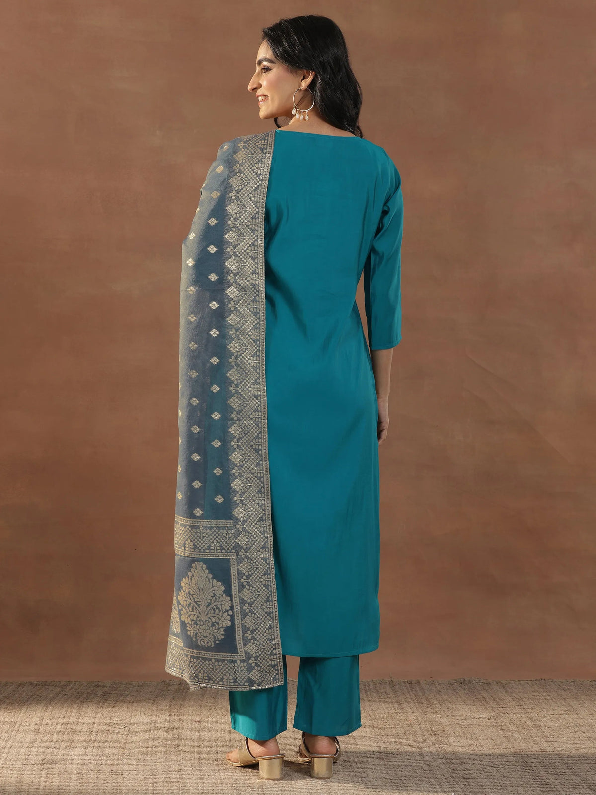 Gerua Blue Yoke Design Silk Blend Straight Suit Set With Dupatta