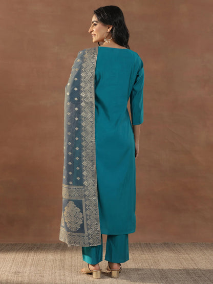 Gerua Blue Yoke Design Silk Blend Straight Suit Set With Dupatta