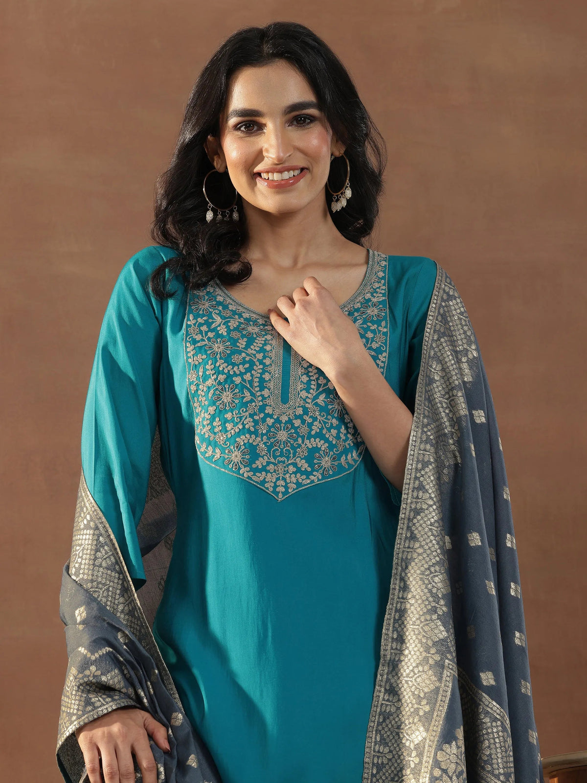 Gerua Blue Yoke Design Silk Blend Straight Suit Set With Dupatta