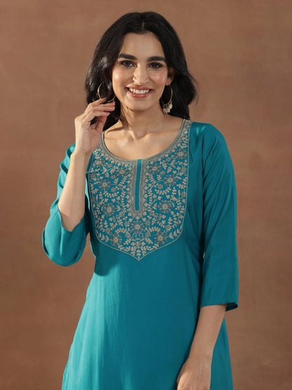Gerua Blue Yoke Design Silk Blend Straight Suit Set With Dupatta