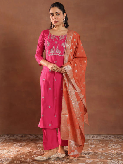 Gerua Pink Embroidered Silk Blend Straight Suit With Dupatta