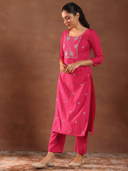 Gerua Pink Embroidered Silk Blend Straight Suit With Dupatta