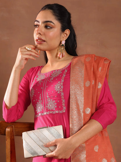 Gerua Pink Embroidered Silk Blend Straight Suit With Dupatta