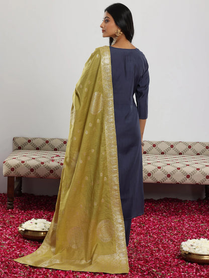 Gerua Blue Yoke Design Silk Blend Straight Suit With Dupatta