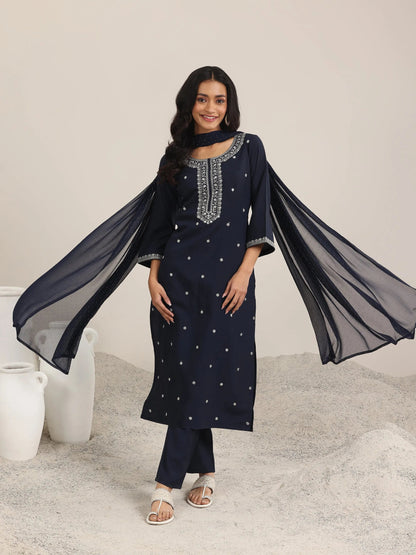 Gerua Navy Embroidered Silk Blend Straight Suits With Dupatta