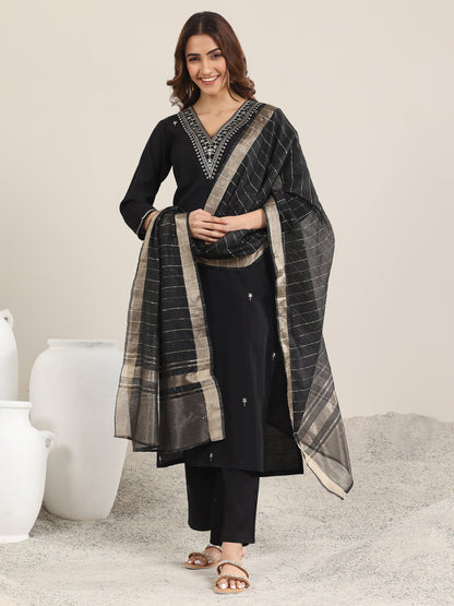 Gerua Black Embroidered Silk Blend Straight Suit With Dupatta