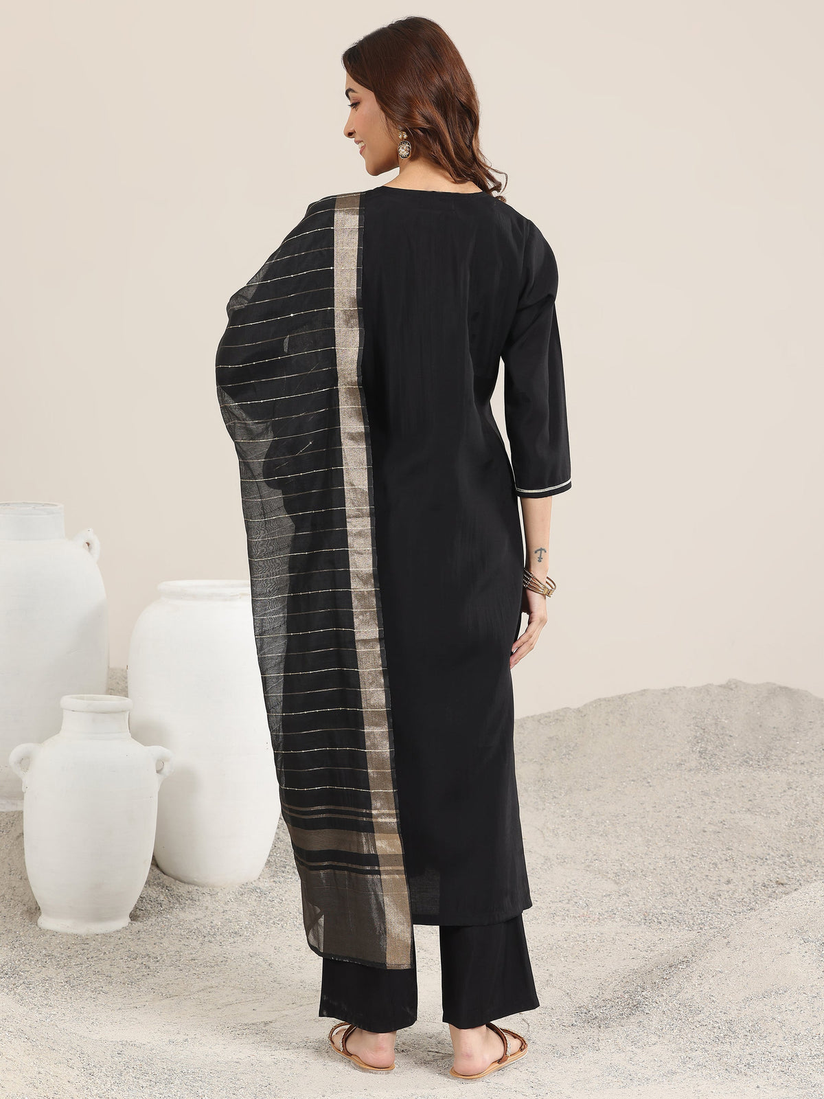 Gerua Black Embroidered Silk Blend Straight Suit With Dupatta