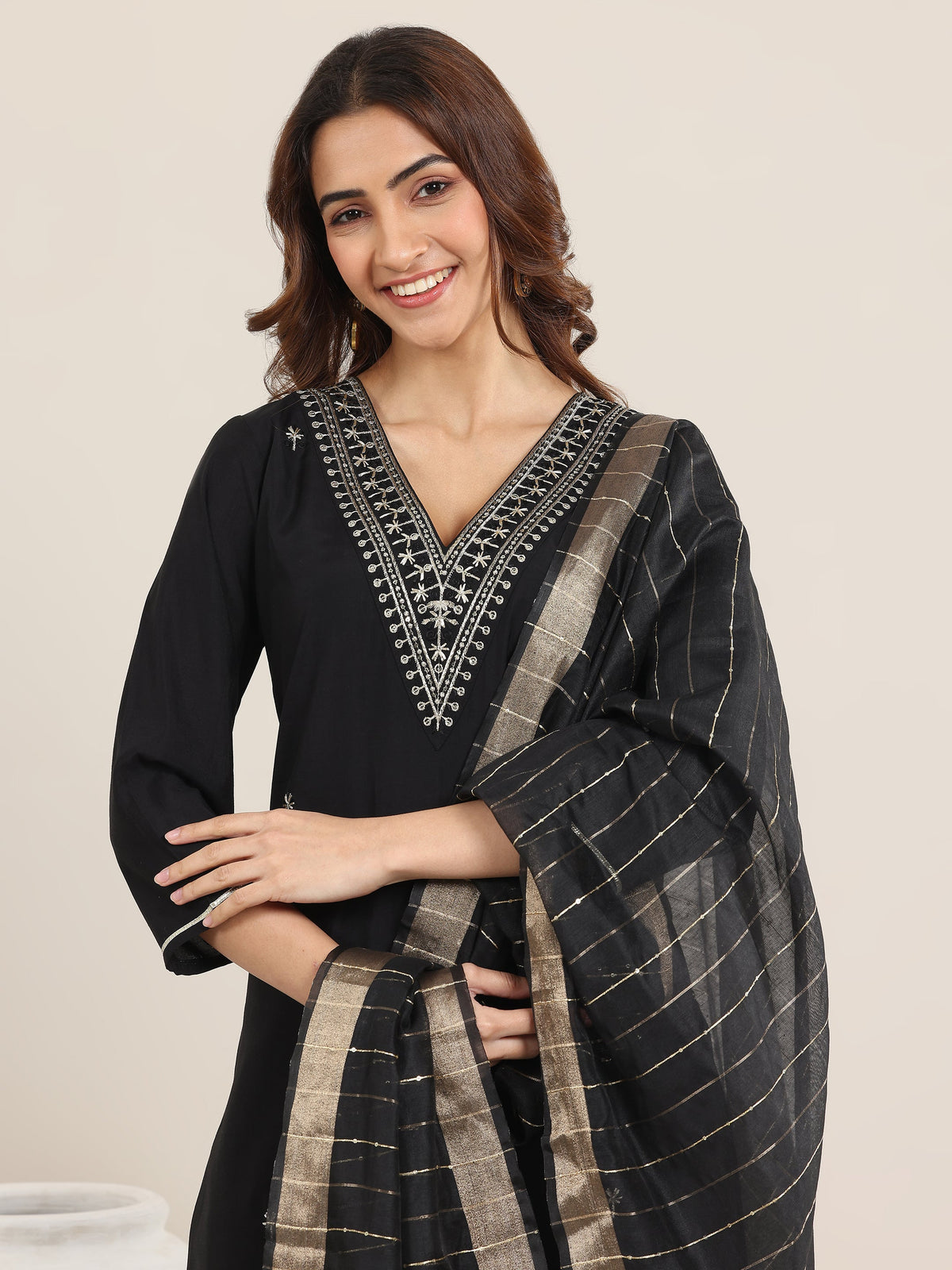 Gerua Black Embroidered Silk Blend Straight Suit With Dupatta