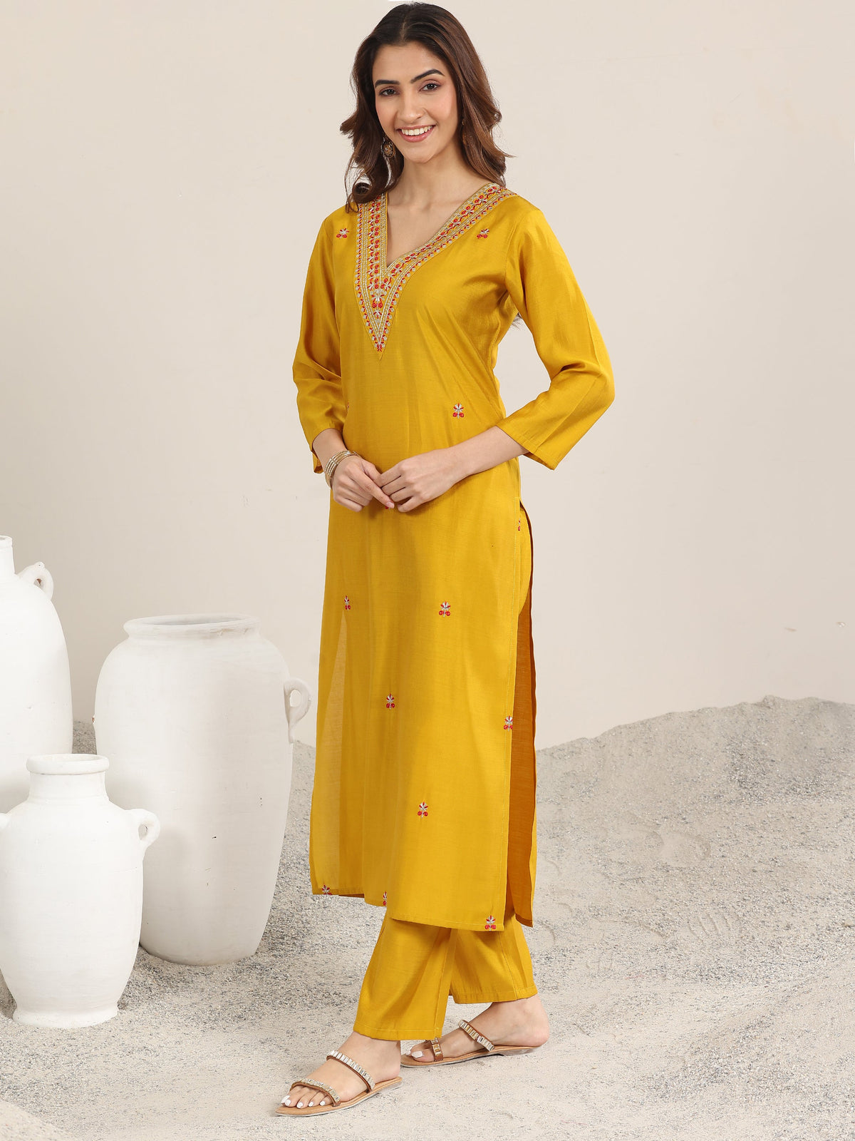 Gerua Mustard Embroidered Silk Blend Straight Suit With Dupatta