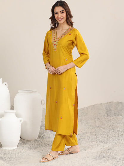 Gerua Mustard Embroidered Silk Blend Straight Suit With Dupatta