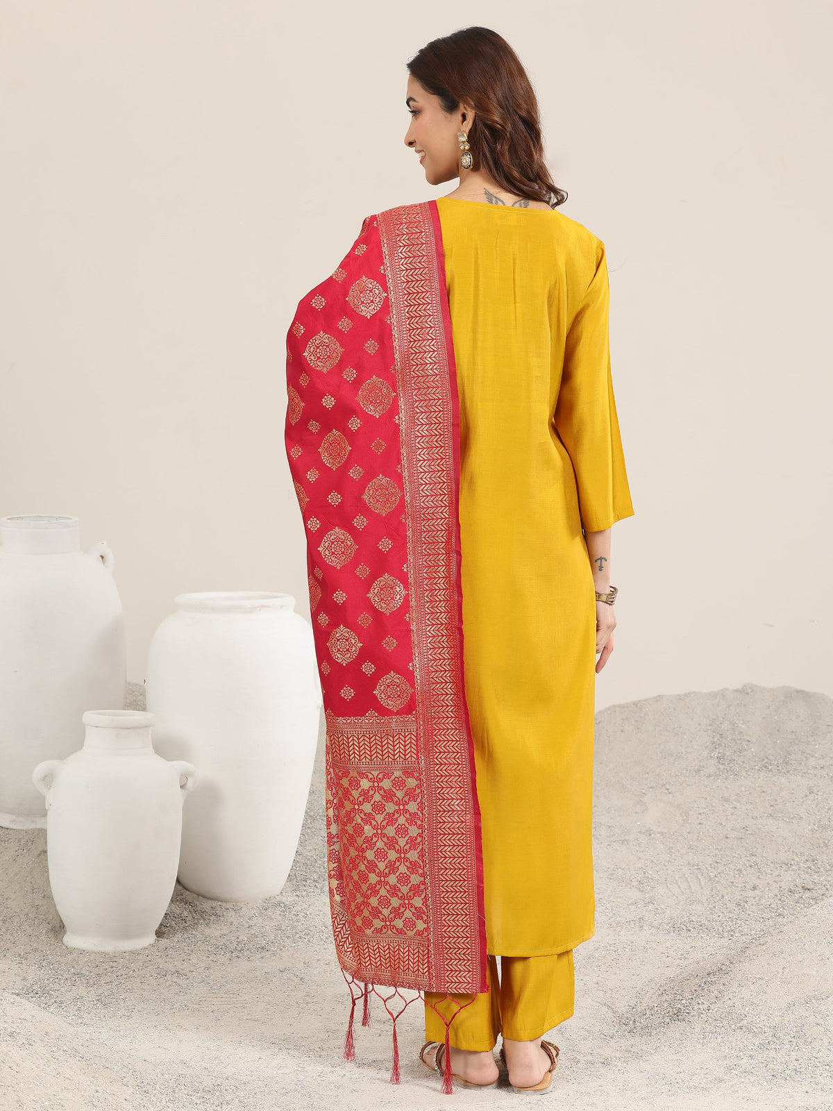 Gerua Mustard Embroidered Silk Blend Straight Suit With Dupatta
