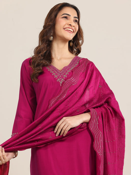 Gerua Burgundy Yoke Design Silk Blend Straight Suit With Dupatta